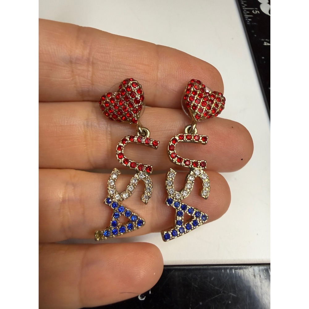 USA Rhinestone Heart Drop Earrings Red White Blue Patriotic Olympic July 4th